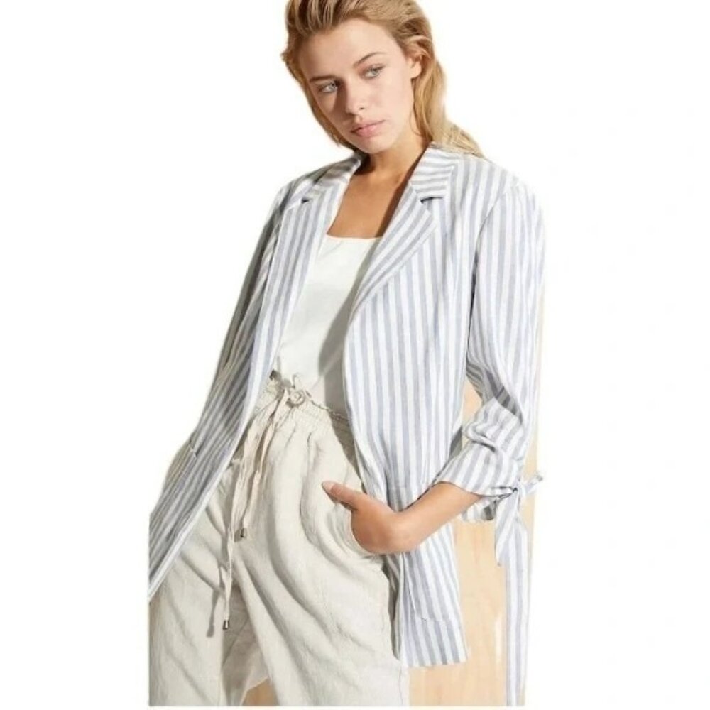 Anthro Melissa Nepton Womens Blue Striped Linen Blend Tie Sleeves Open Blazer S
